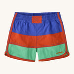 Patagonia kids swim shorts in 3 colour-block panel stripes - blue, red and light green - with binding down the seams and leg openings in red and scalloped detail at the side. Made with quick-drying NetPlus® 100% post-consumer recycled nylon.