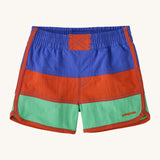 Patagonia kids swim shorts in 3 colour-block panel stripes - blue, red and light green - with binding down the seams and leg openings in red and scalloped detail at the side. Made with quick-drying NetPlus® 100% post-consumer recycled nylon.