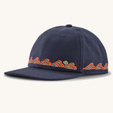 Patagonia kid's funhoggers hat in new navy with orange trailtreck pattern around the edge.
