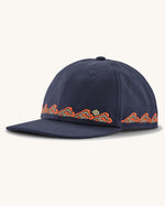 Patagonia kid's funhoggers hat in new navy with orange trailtreck pattern around the edge.