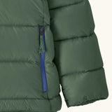 Close up of the zipped handwarmer pockets on the Patagonia kids hi-loft down sweater hoody windproof jacket in canopy green.