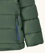 Close up of the zipped handwarmer pockets on the Patagonia kids hi-loft down sweater hoody windproof jacket in canopy green.
