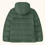 Back of the Patagonia kids hi-loft down sweater hoody windproof jacket in canopy green.