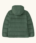 Back of the Patagonia kids hi-loft down sweater hoody windproof jacket in canopy green.