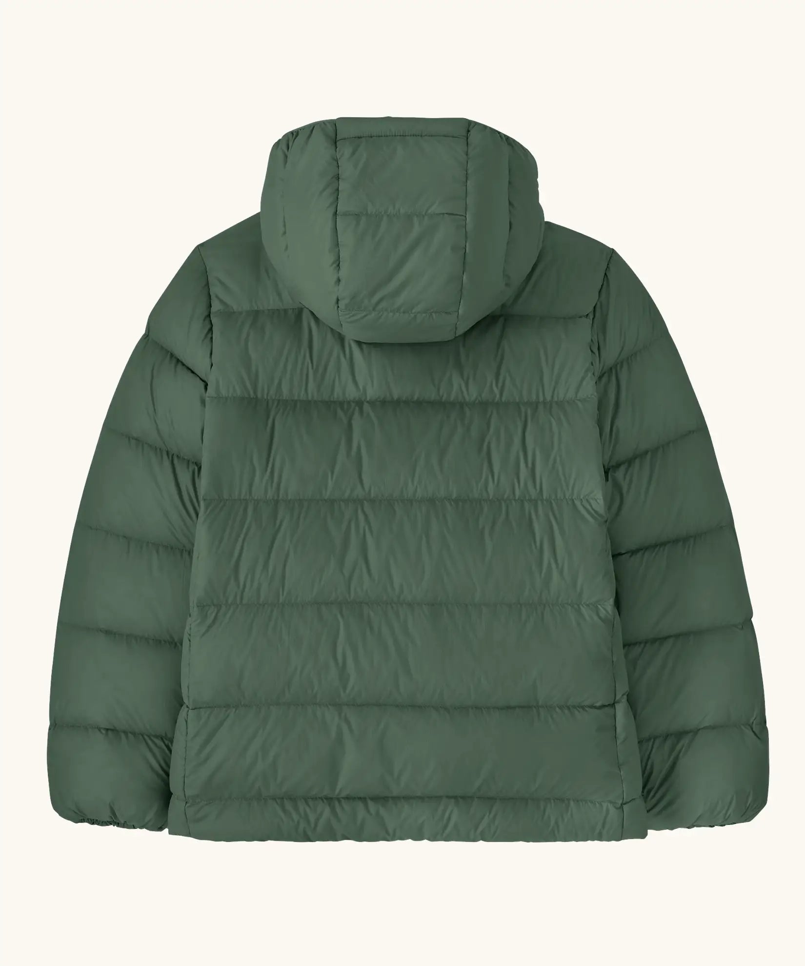 Back of the Patagonia kids hi-loft down sweater hoody windproof jacket in canopy green.