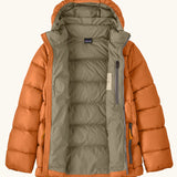 Patagonia kids hi-loft down sweater hoody windproof jacket in marigold orange with front zip fully open. Muted yellow lining inside with zipped inside chest pocket.