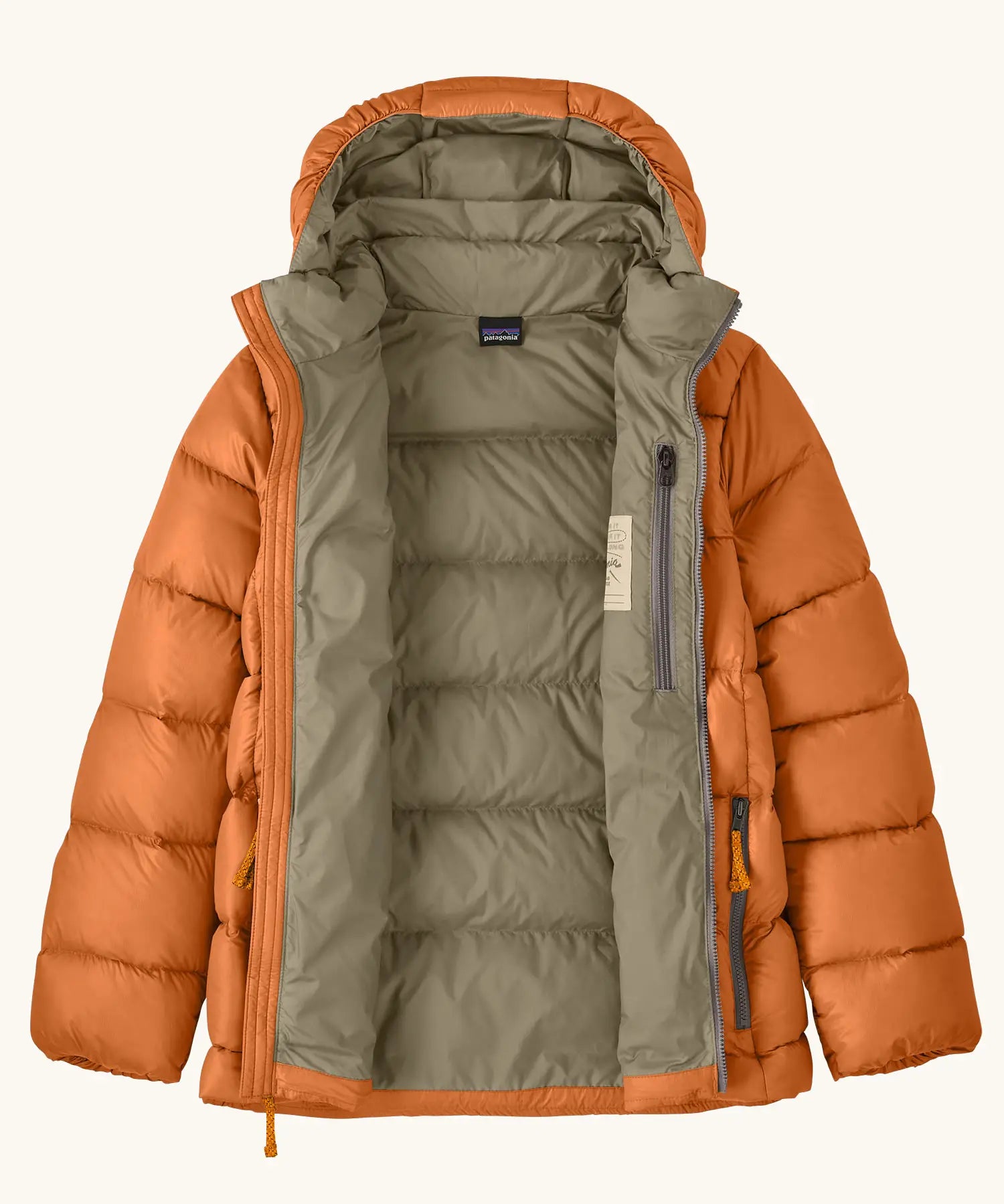 Patagonia kids hi-loft down sweater hoody windproof jacket in marigold orange with front zip fully open. Muted yellow lining inside with zipped inside chest pocket.