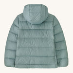 The background of a Patagonia Kids Hi-Loft Down Sweater Hoody in a Thermal Blue colour on a plain background. 