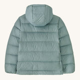 The background of a Patagonia Kids Hi-Loft Down Sweater Hoody in a Thermal Blue colour on a plain background. 
