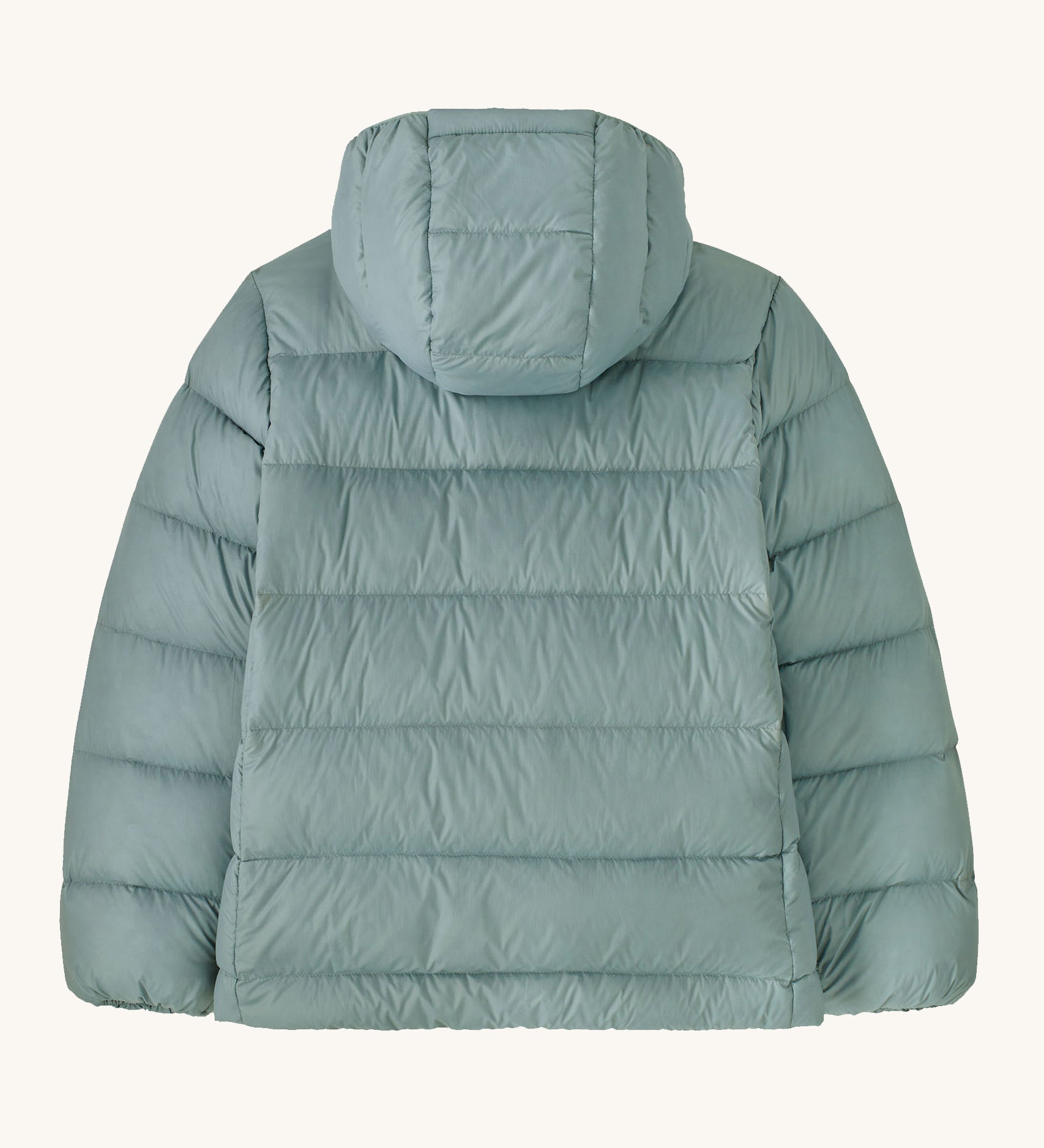 The background of a Patagonia Kids Hi-Loft Down Sweater Hoody in a Thermal Blue colour on a plain background. 