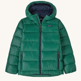 Patagonia Kids Hi-Loft Down Sweater Hoody in a Conifer Green colour on a plain background. 
