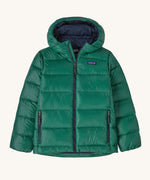 Patagonia Kids Hi-Loft Down Sweater Hoody in a Conifer Green colour on a plain background. 
