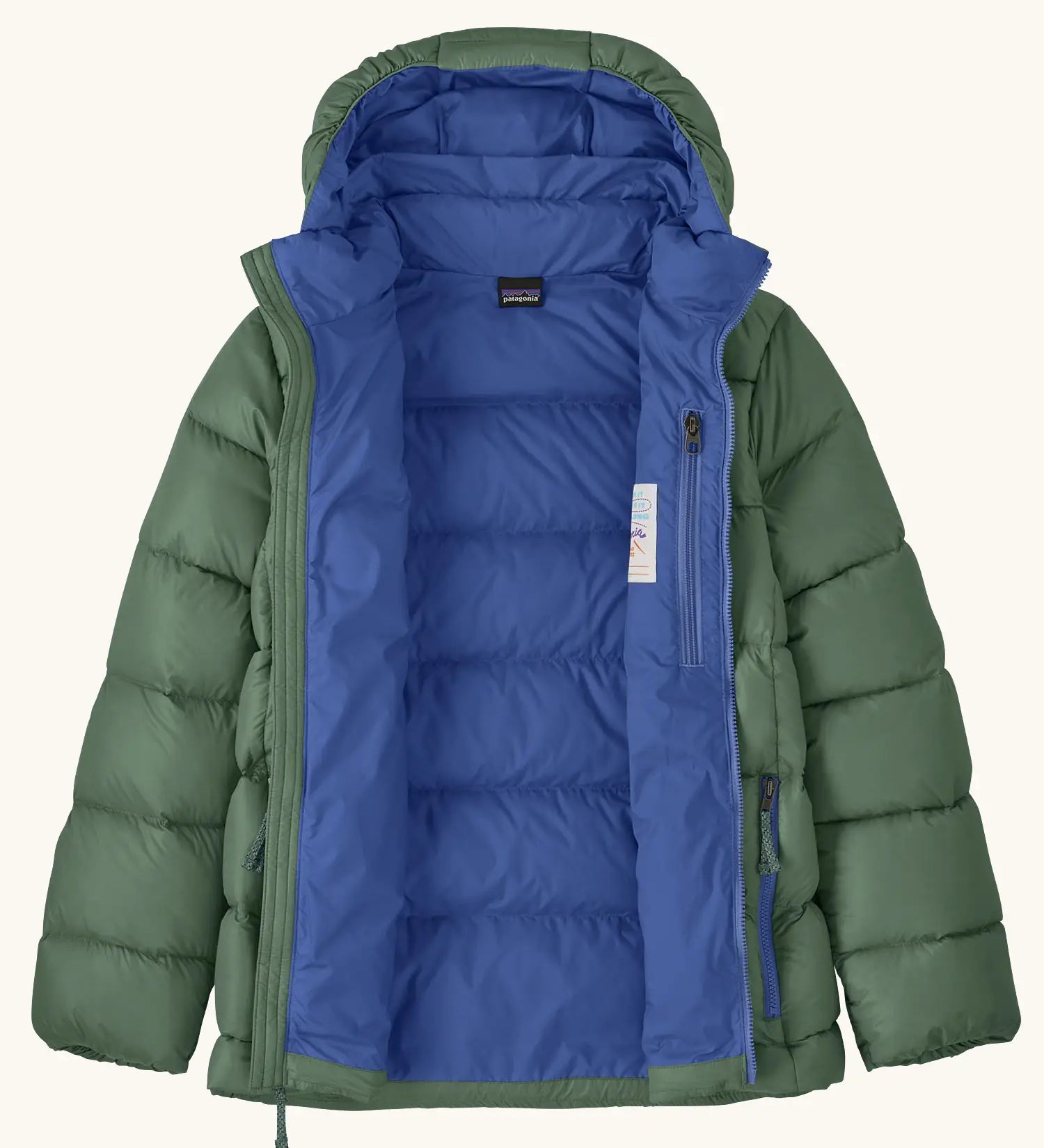 Patagonia kids hi-loft down sweater hoody windproof jacket in canopy green with a blue lining, zipped handwarmer pockets and small black logo on chest. Zip fully open showing the zipped pocket on the inside chest 