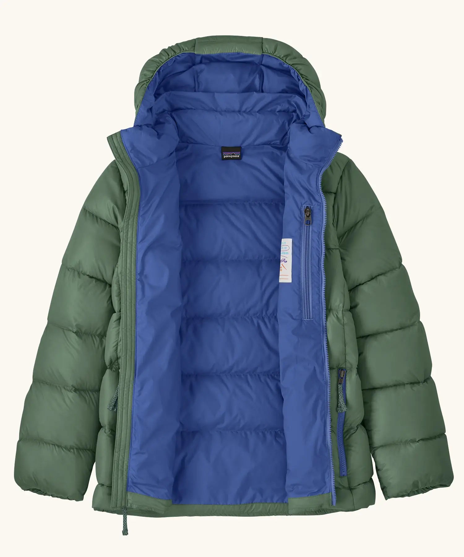 Patagonia kids hi-loft down sweater hoody windproof jacket in canopy green with a blue lining, zipped handwarmer pockets and small black logo on chest. Zip fully open showing the zipped pocket on the inside chest 