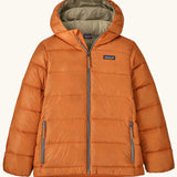Patagonia kids hi-loft down sweater hoody windproof jacket in marigold orange with muted yellow lining, zipped hand pockets and small black logo on chest.