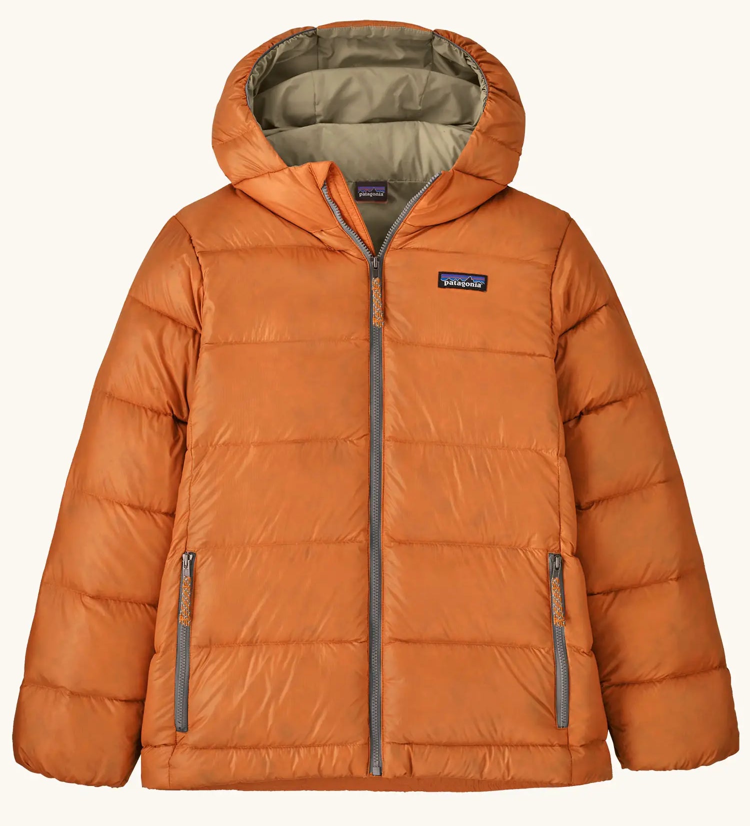 Patagonia kids hi-loft down sweater hoody windproof jacket in marigold orange with muted yellow lining, zipped hand pockets and small black logo on chest.
