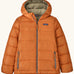 Patagonia kids hi-loft down sweater hoody windproof jacket in marigold orange with muted yellow lining, zipped hand pockets and small black logo on chest.
