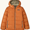 Patagonia kids hi-loft down sweater hoody windproof jacket in marigold orange with muted yellow lining, zipped hand pockets and small black logo on chest.
