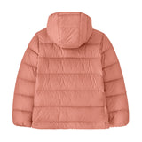 The back of the Patagonia kids hi loft down sweater hoody jacket in moment pink available at Babipur.
