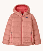 Patagonia Kids Hi-Loft Down Sweater Hoody Jacket in a Moment Pink colour.