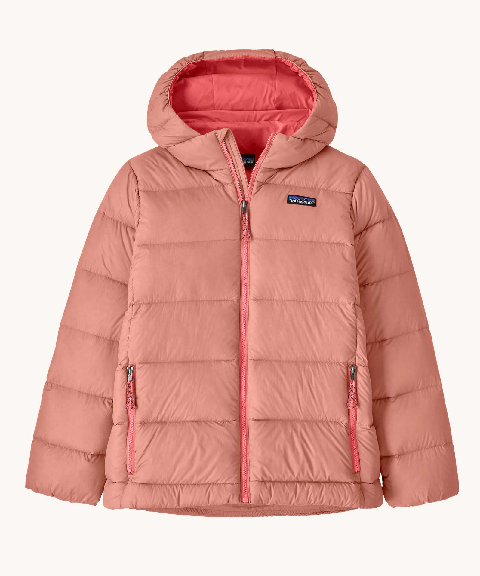 Patagonia Kids Hi-Loft Down Sweater Hoody Jacket in a Moment Pink colour.