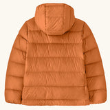 Back of the Patagonia kids hi-loft down sweater hoody windproof jacket in marigold orange.