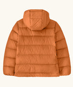 Back of the Patagonia kids hi-loft down sweater hoody windproof jacket in marigold orange.