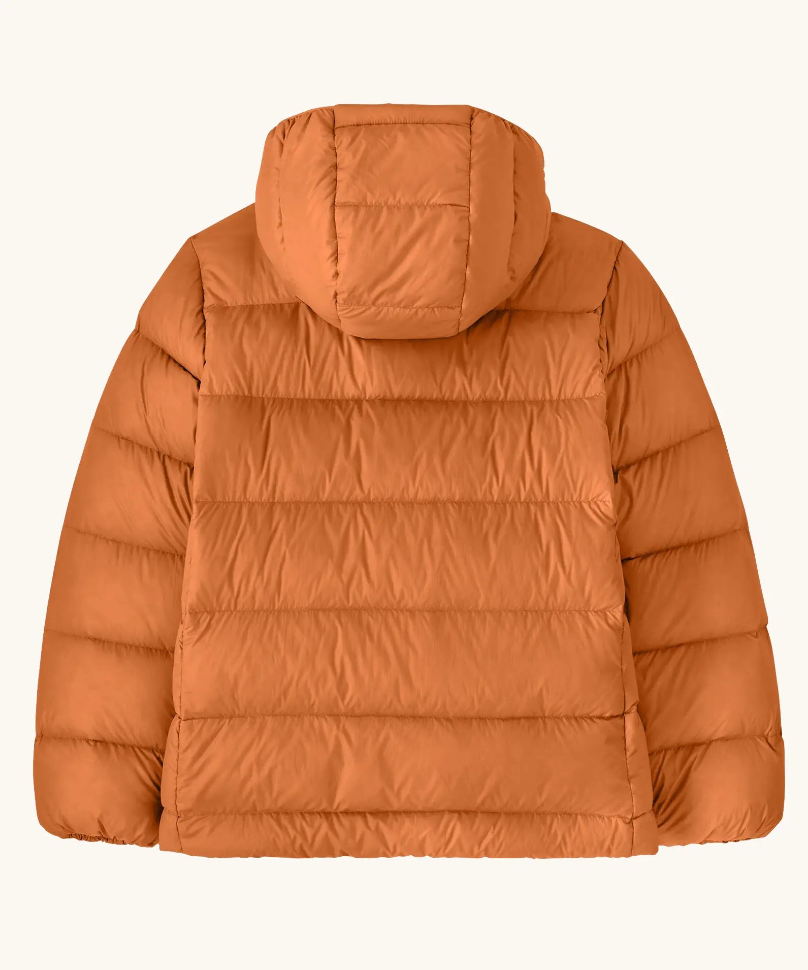 Back of the Patagonia kids hi-loft down sweater hoody windproof jacket in marigold orange.