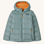 Patagonia Kids Hi-Loft Down Sweater Hoody in a Thermal Blue colour on a plain background. 