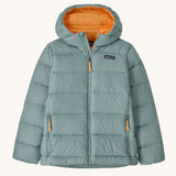 Patagonia Kids Hi-Loft Down Sweater Hoody in a Thermal Blue colour on a plain background. 