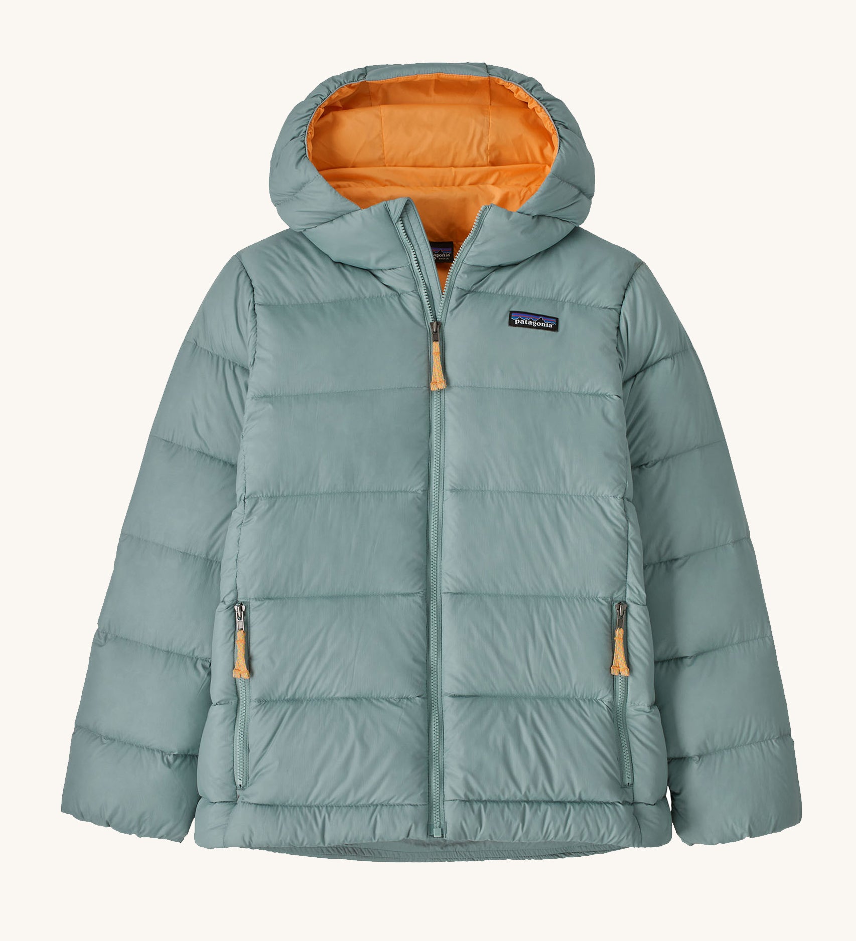 Patagonia Kids Hi-Loft Down Sweater Hoody in a Thermal Blue colour on a plain background. 