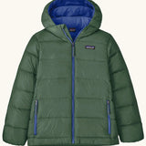 Patagonia kids hi-loft down sweater hoody windproof jacket in canopy green with a blue lining, zipped handwarmer pockets and small black logo on chest.