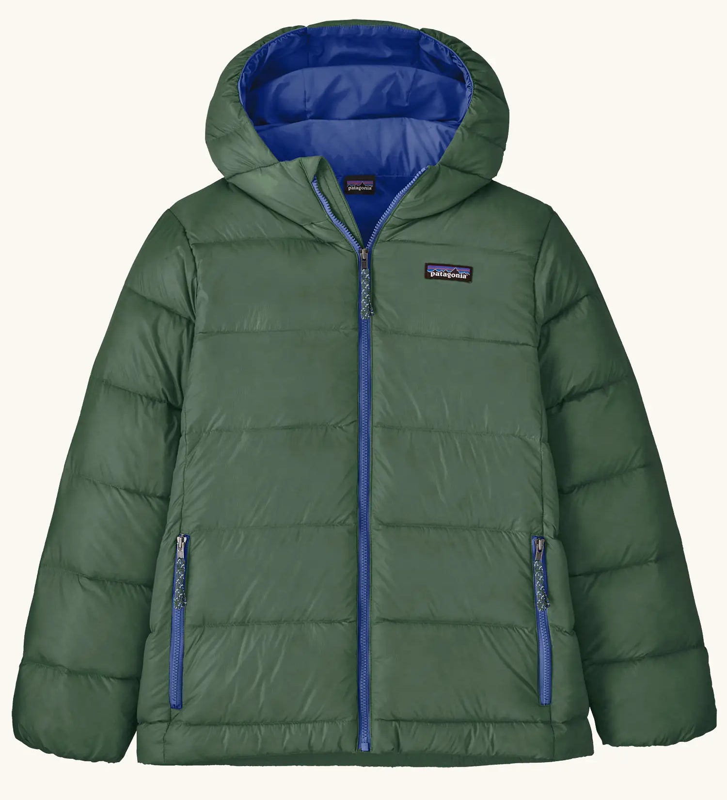 Patagonia kids hi-loft down sweater hoody windproof jacket in canopy green with a blue lining, zipped handwarmer pockets and small black logo on chest.