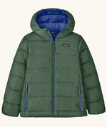 Patagonia kids hi-loft down sweater hoody windproof jacket in canopy green with a blue lining, zipped handwarmer pockets and small black logo on chest.