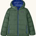 Patagonia kids hi-loft down sweater hoody windproof jacket in canopy green with a blue lining, zipped handwarmer pockets and small black logo on chest.