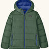 Patagonia kids hi-loft down sweater hoody windproof jacket in canopy green with a blue lining, zipped handwarmer pockets and small black logo on chest.