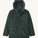 Patagonia Kids Infurno Jacket in a dark Northern Green colour on a plain background. 