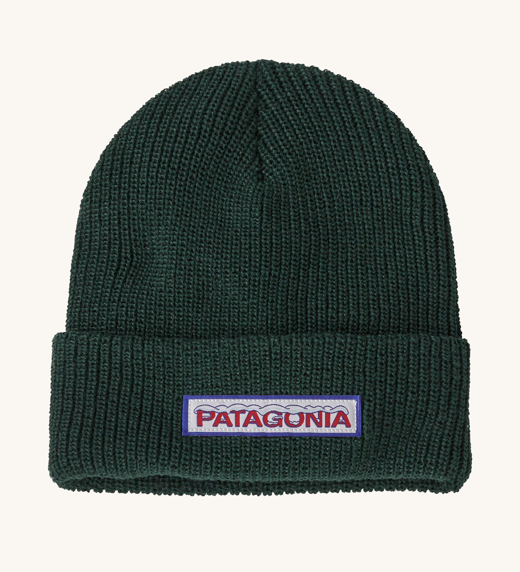 Patagonia Kids Logo Beanie in a Conifer Green colour on a plain background. 