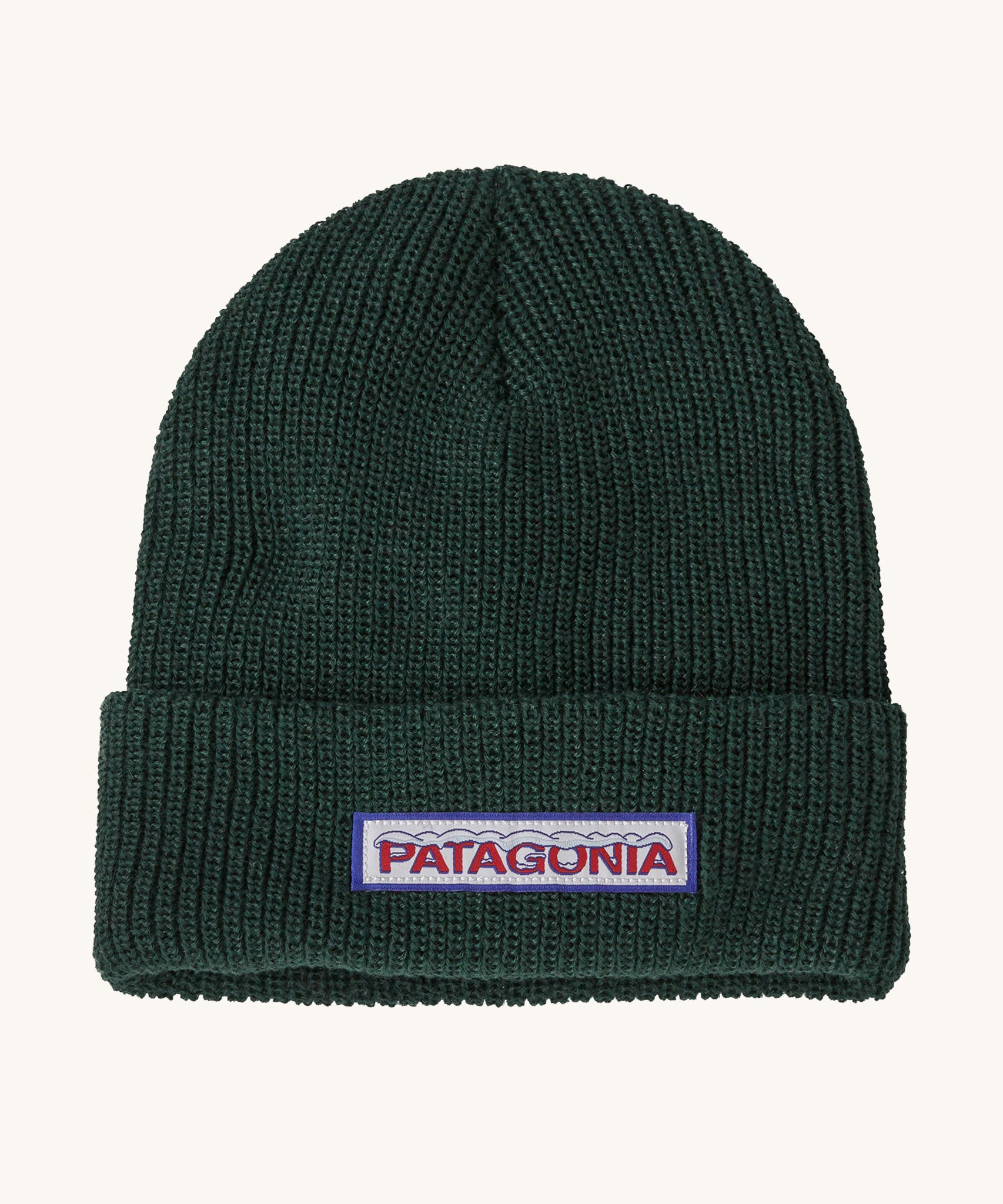 Patagonia Kids Logo Beanie in a Conifer Green colour on a plain background. 