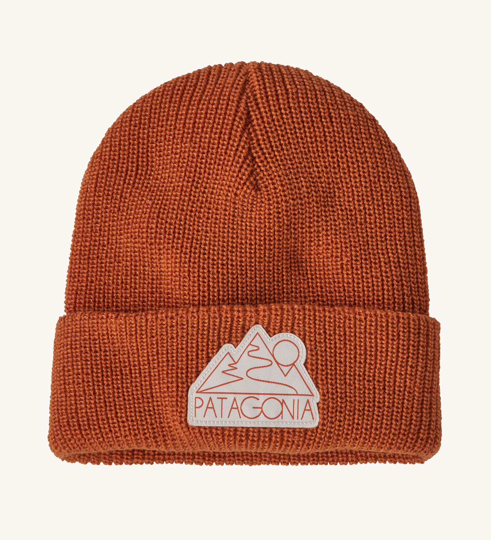 Patagonia Kids Logo Beanie Redtail Rust on a plain background. 