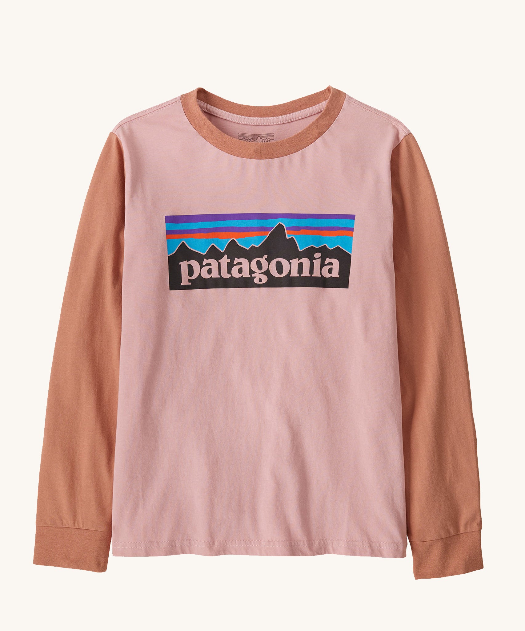 Patagonia Kids L/S P-6 Logo T-Shirt Mallow Pink on a plain background.