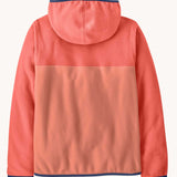 The back of the Patagonia kids micro d snap t fleece in moment pink available at Babipur.  100% recycled polyester soft hooded fleece in pink with navy rim. Features a full length zip and a navy chest pocket