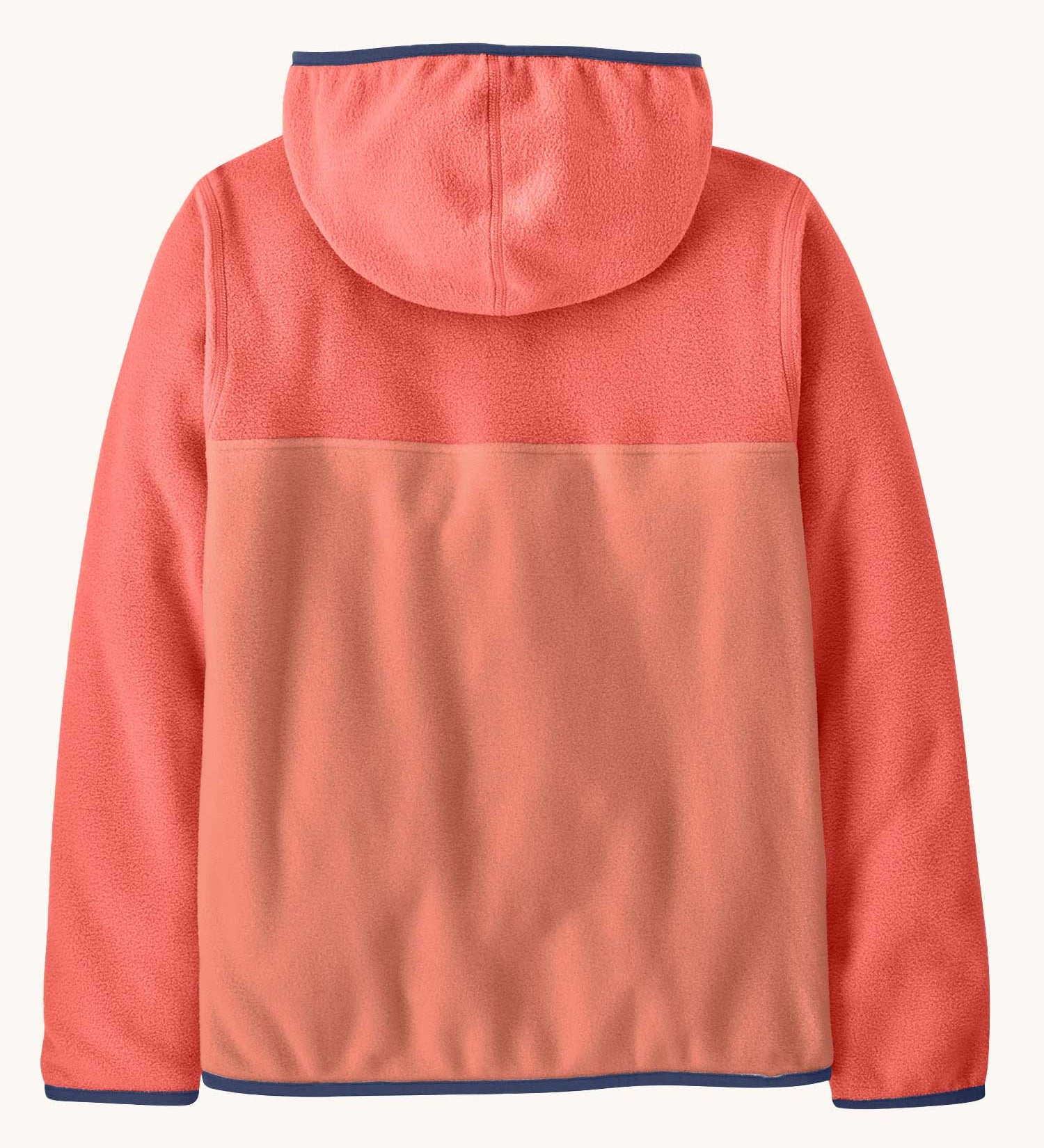The back of the Patagonia kids micro d snap t fleece in moment pink available at Babipur.  100% recycled polyester soft hooded fleece in pink with navy rim. Features a full length zip and a navy chest pocket