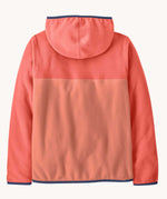 The back of the Patagonia kids micro d snap t fleece in moment pink available at Babipur.  100% recycled polyester soft hooded fleece in pink with navy rim. Features a full length zip and a navy chest pocket