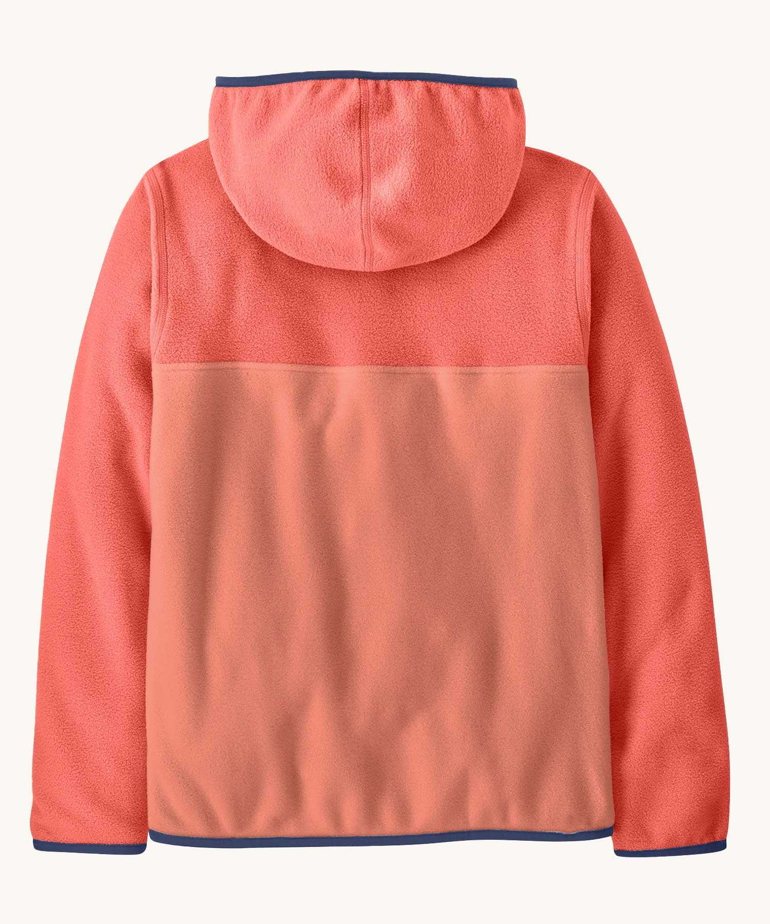The back of the Patagonia kids micro d snap t fleece in moment pink available at Babipur.  100% recycled polyester soft hooded fleece in pink with navy rim. Features a full length zip and a navy chest pocket