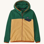Patagonia Kids Micro D Snap-T jacket in a beeswax tan colour way on a plain background.