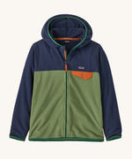 Patagonia Kids Micro D Snap-T jacket in a Terrain Green colour on a plain background.