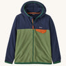 Patagonia Kids Micro D Snap-T jacket in a Terrain Green colour on a plain background.