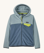 Patagonia Kids Micro D Snap-T jacket in a  Utility Blue colour way on a plain background. 