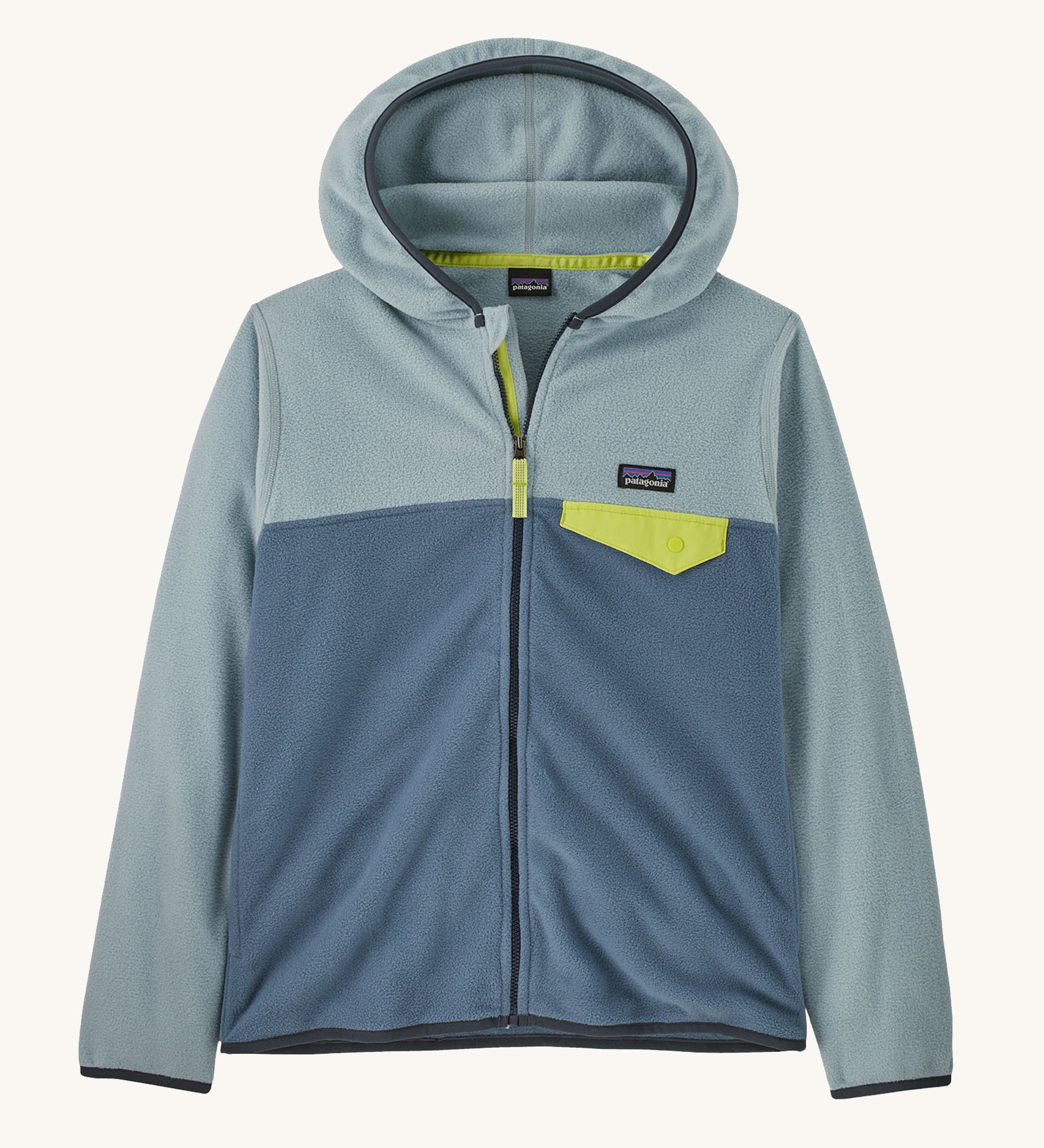 Patagonia Kids Micro D Snap-T jacket in a  Utility Blue colour way on a plain background. 